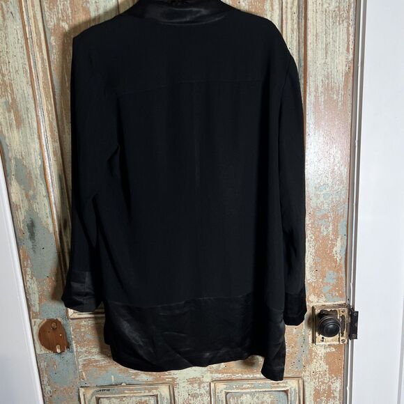 DANA BUCHMAN Button Down Black Dress Size 12 Satin Like Collar Cuffs Bottom Hem - Picture 9 of 14